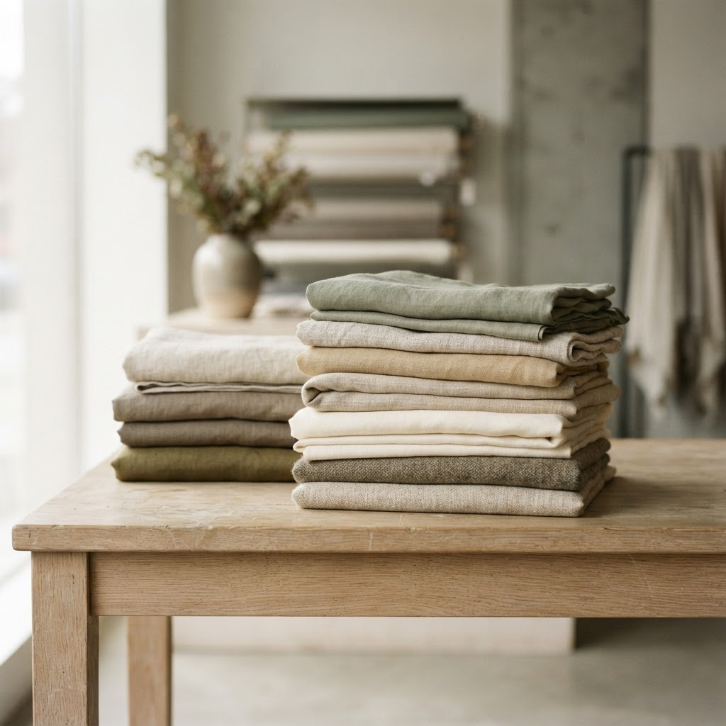 Neatly folded stacks of natural textile fabrics in muted earthy tones